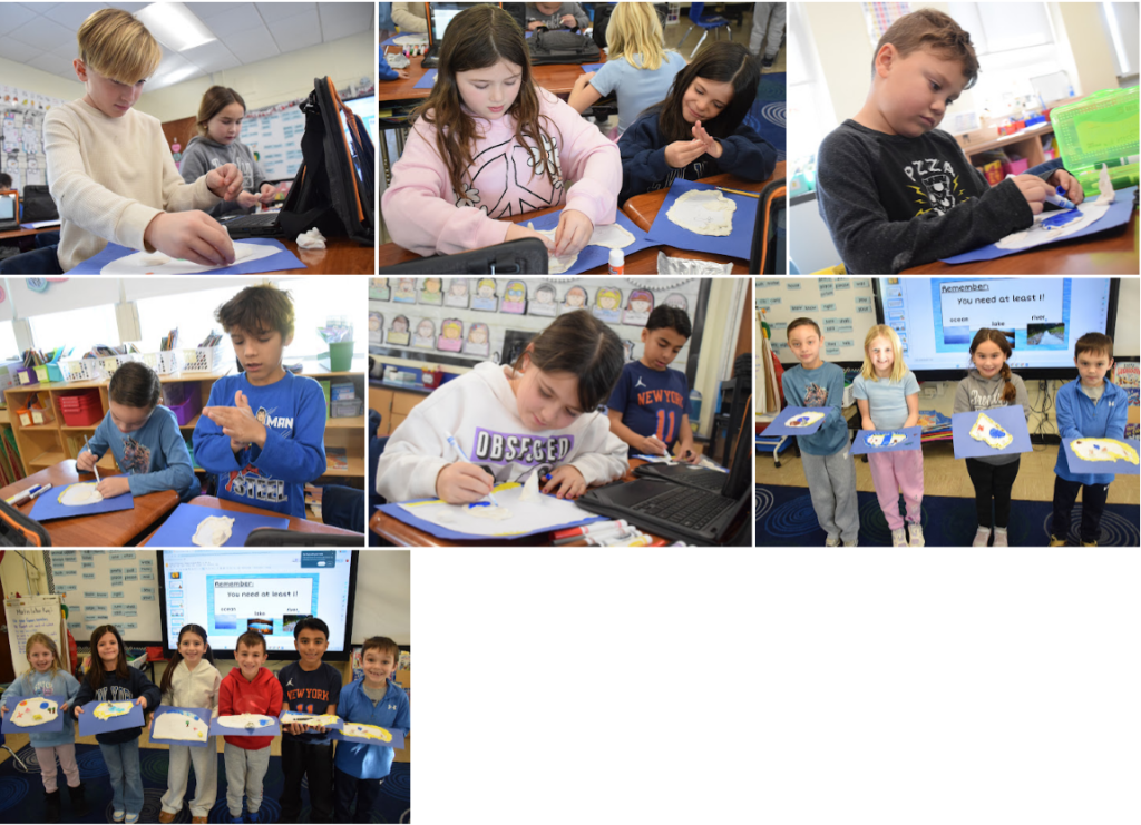 group of photos with students working on land projects in class